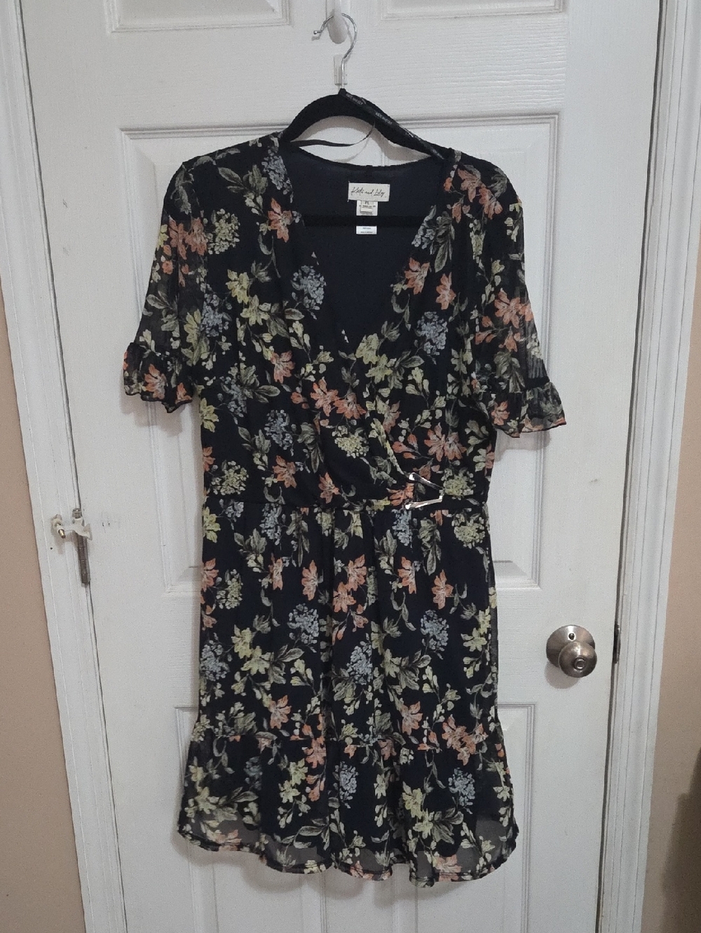 Floral Wrap-Style Mini Dress in Black with Peach & Sage Blooms